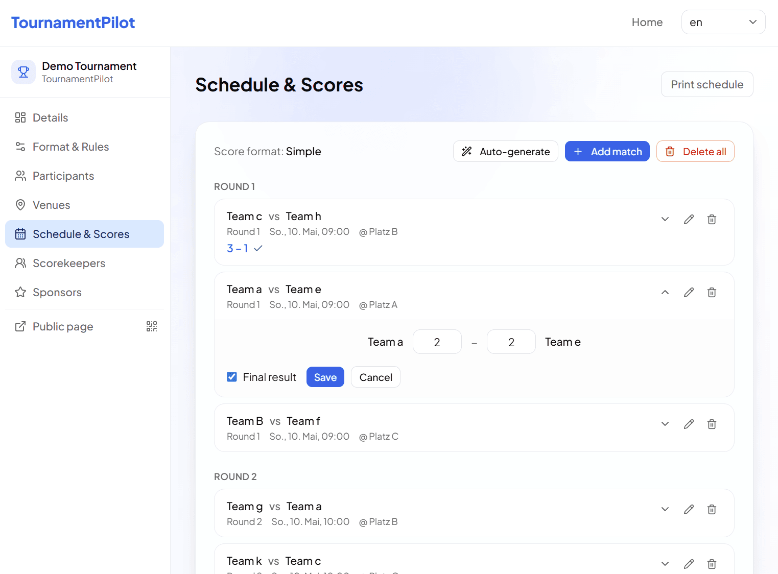 Build & edit the match schedule