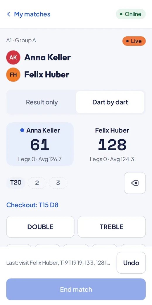 Une volée de fléchettes saisie fléchette par fléchette, avec le checkout