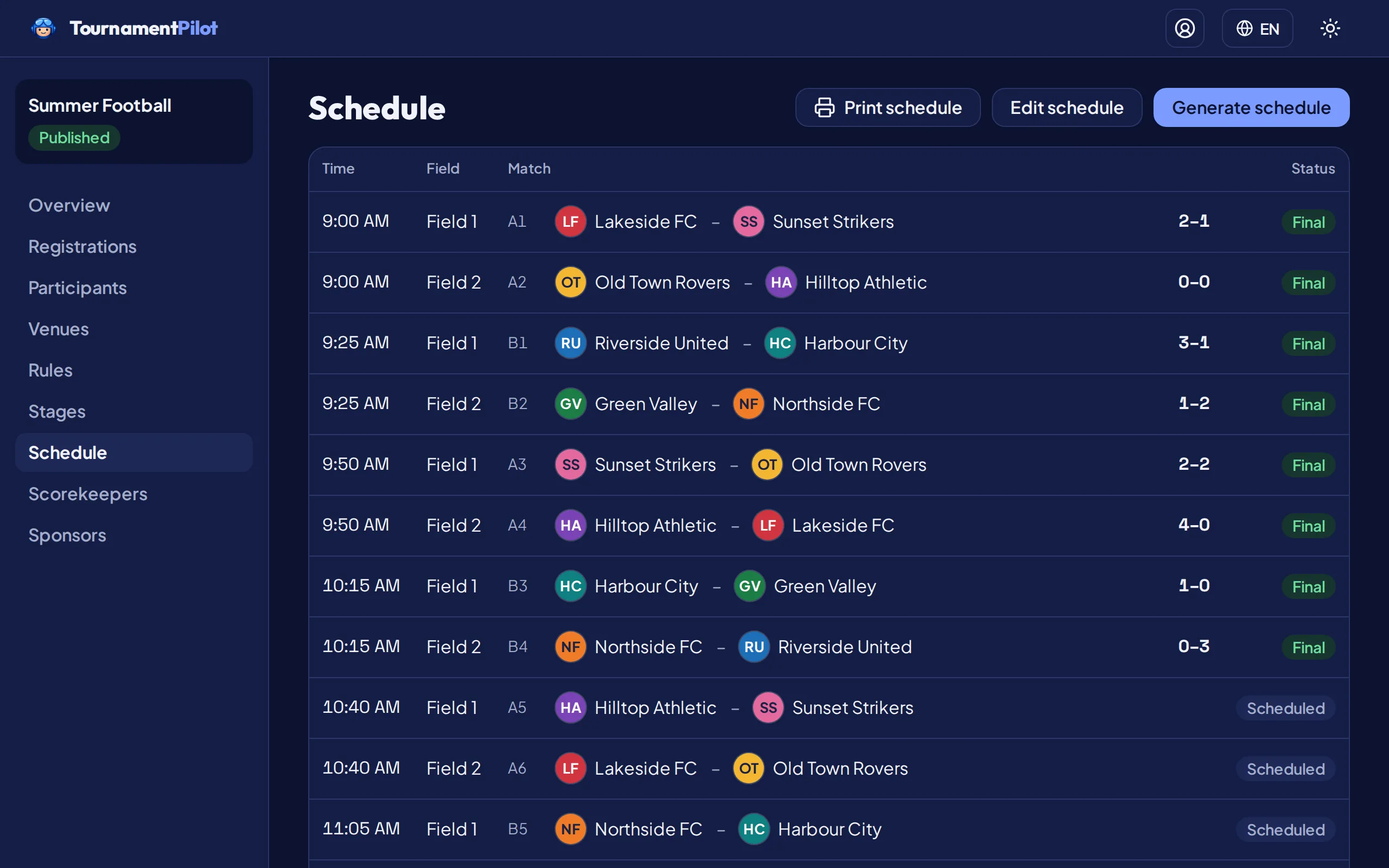 Le calendrier du tournoi de démonstration dans le tableau de bord de l’organisateur